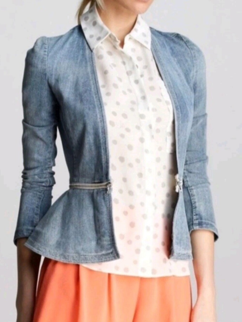 REBECCA TAYLOR Womens 12 Blue Denim Peplum Zip Accent Jacket Ruched Sleeves